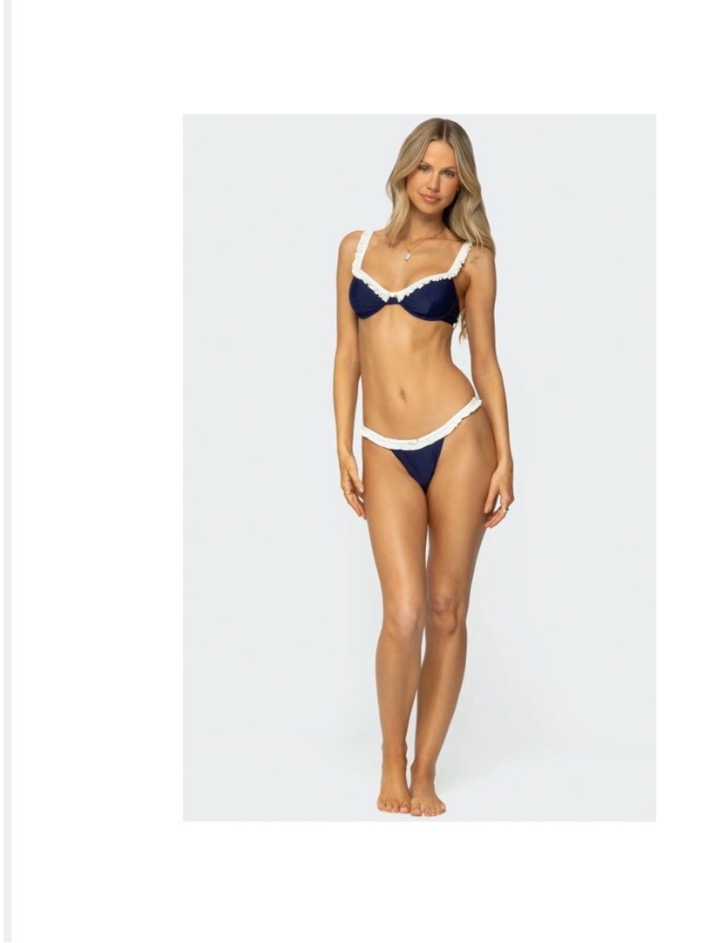 Edikted Navy Swim Bra with White Ruffle Trim